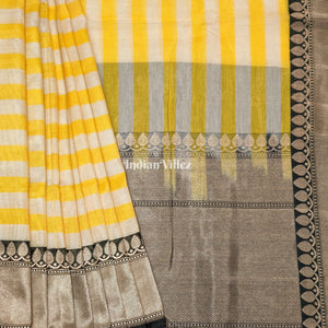 Yellow Stripes Pattern Designer Banarasi Tissue Saree
