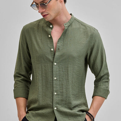 Olive Mandarin Linen Blend Shirt