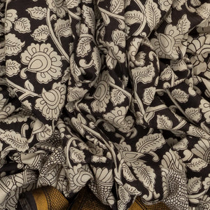 Black Handloom Kalamkari Cotton Saree With Printed Annam Motifs