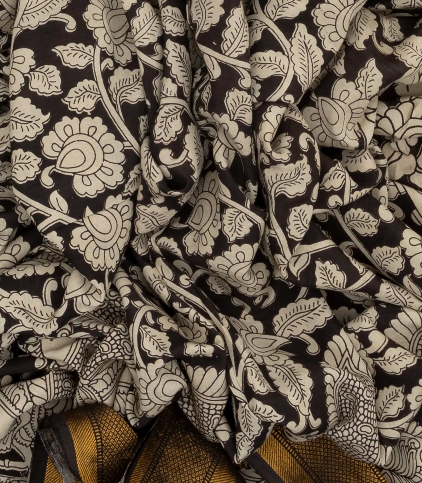 Black Handloom Kalamkari Cotton Saree With Printed Annam Motifs