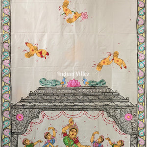 White Nartaki Mudra Hand-painted Pattachitra Saree
