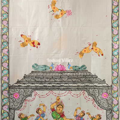 White Nartaki Mudra Hand-painted Pattachitra Saree