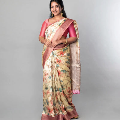 Cream Woven Dola Synthetic Saree With Printed Floral Motifs