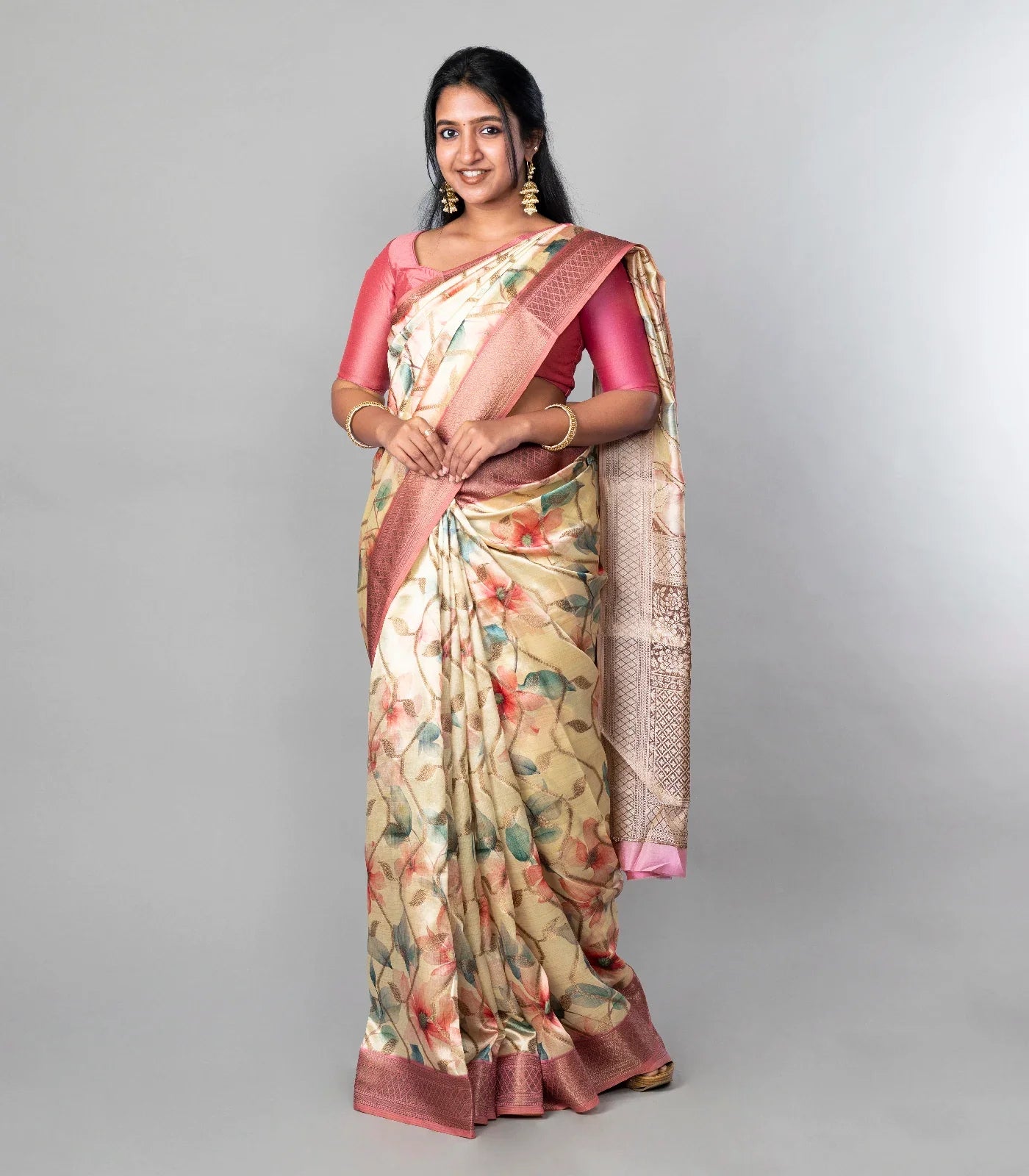 Cream Woven Dola Synthetic Saree With Printed Floral Motifs