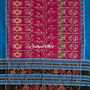 Pink Sky Blue Flower and Elephant Contemporary Odisha Ikat Silk Saree