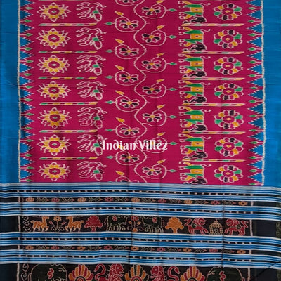 Pink Sky Blue Flower and Elephant Contemporary Odisha Ikat Silk Saree