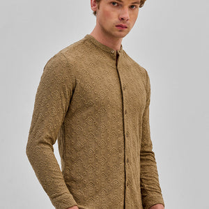 Light Brown Mandarin Self-Design Shirt