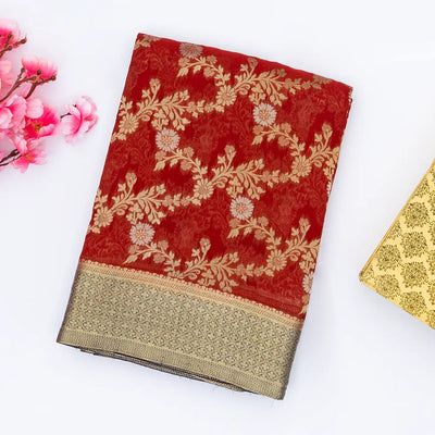Crimson Handwoven Banarasi Georgette Silk Saree With Floral Jaal Motifs