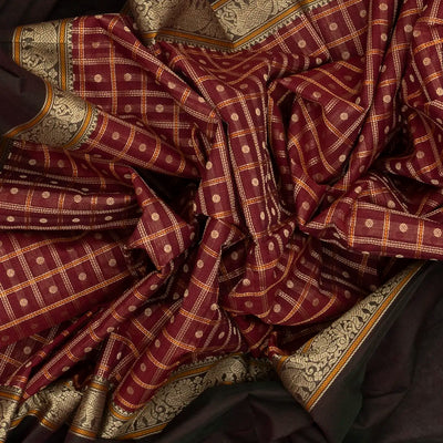 Crimson Handloom Kanchi Cotton Muppagam Saree With Checks & Button Motifs