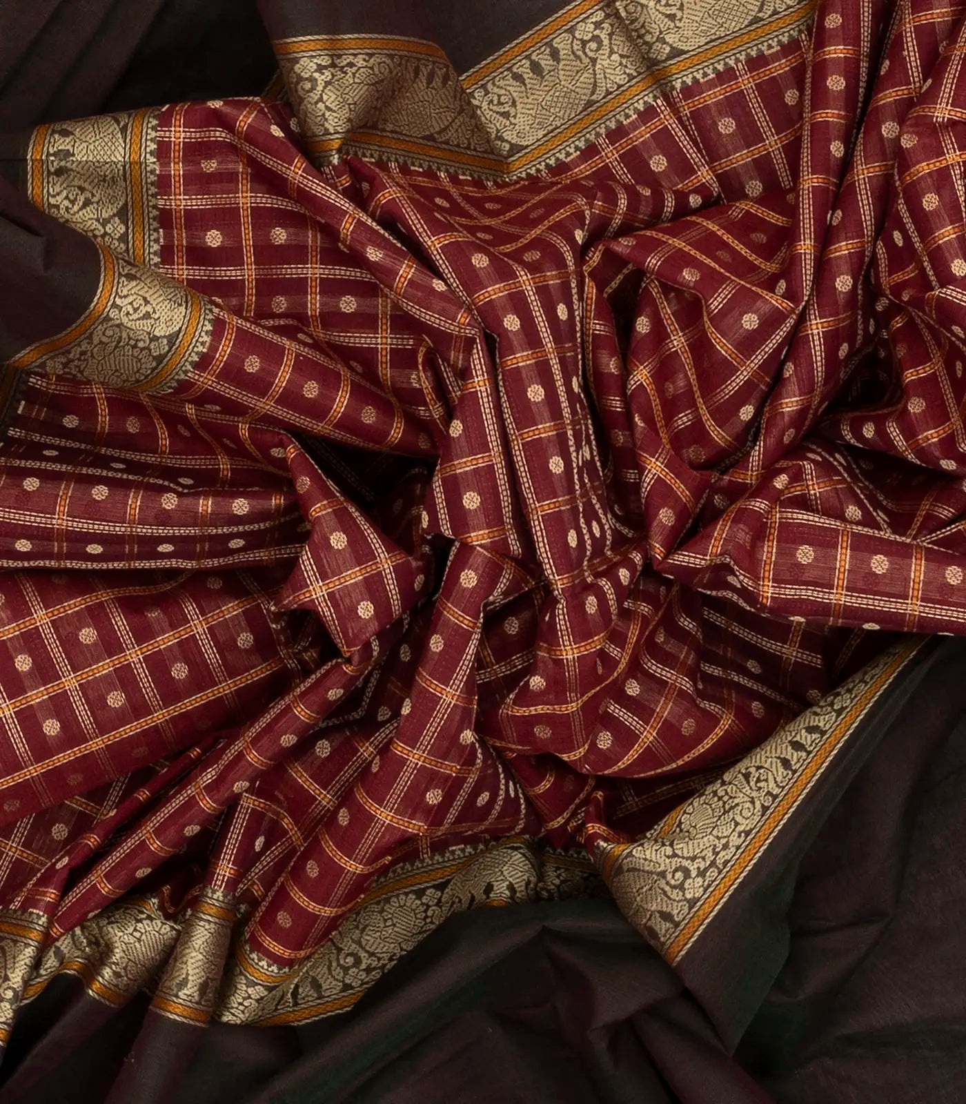 Crimson Handloom Kanchi Cotton Muppagam Saree With Checks & Button Motifs