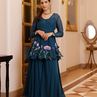 Kaasni Handpainted Organza Sharara Set