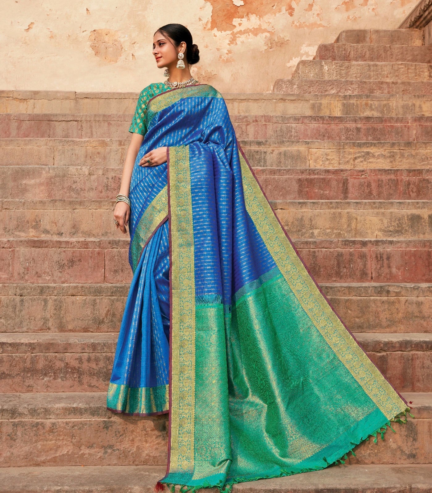 Sky Blue Handloom Kanchipuram Silk Saree With Floral Stripes