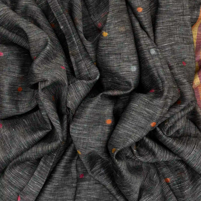 Dark Grey Handloom Linen Saree With Coin Buttas