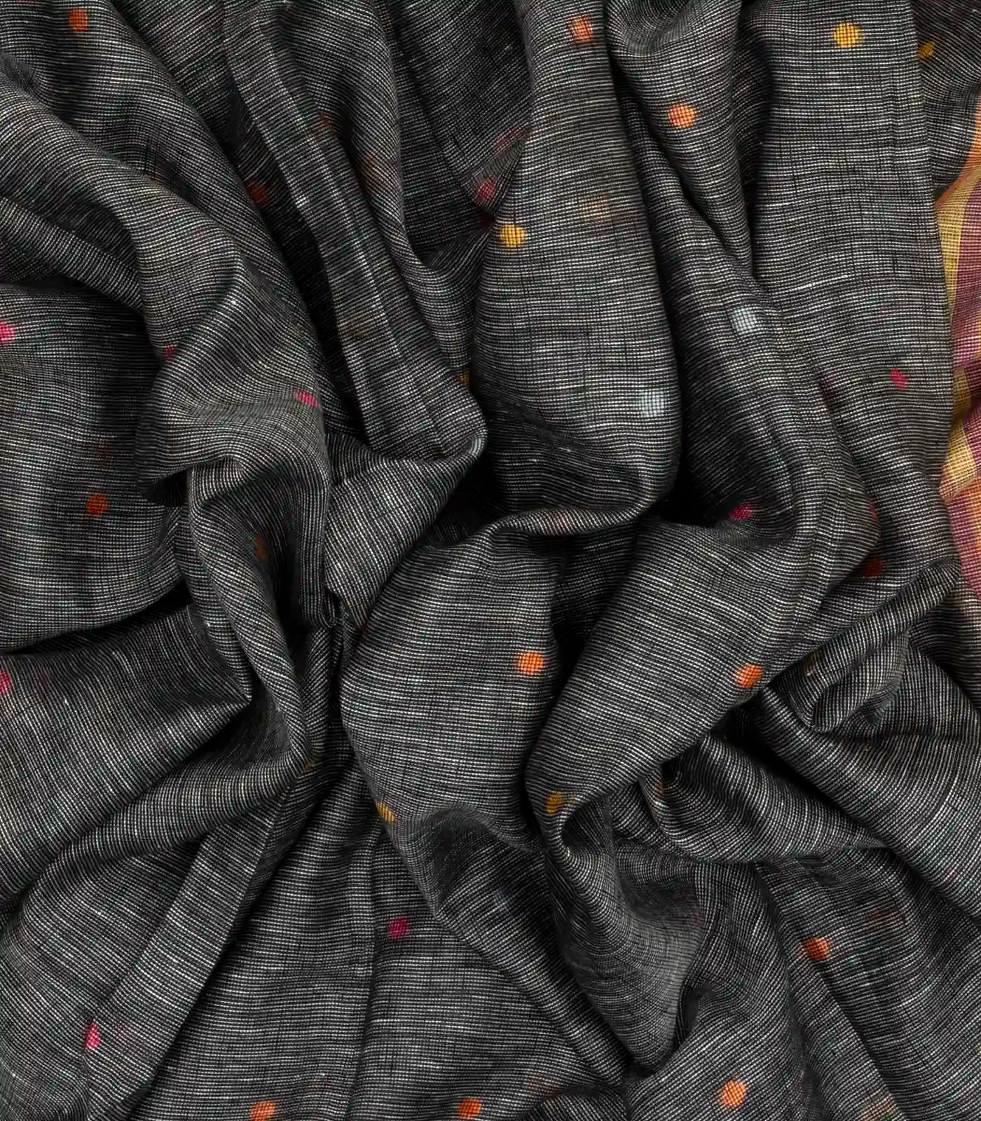 Dark Grey Handloom Linen Saree With Coin Buttas