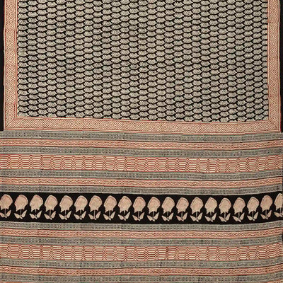 Black Woven Jaipur Cotton Saree Printed With Cream Mango Motifs