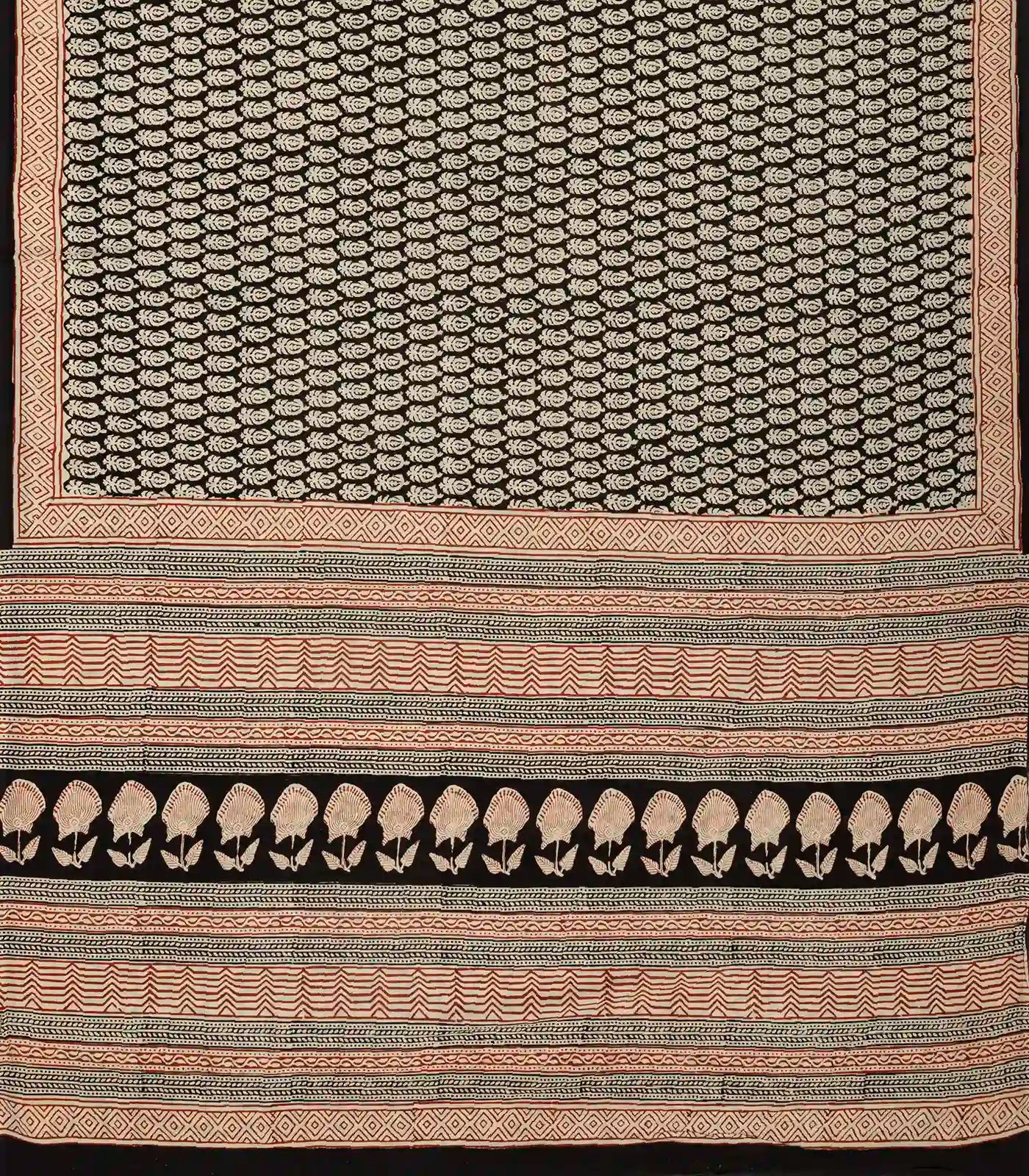 Black Woven Jaipur Cotton Saree Printed With Cream Mango Motifs