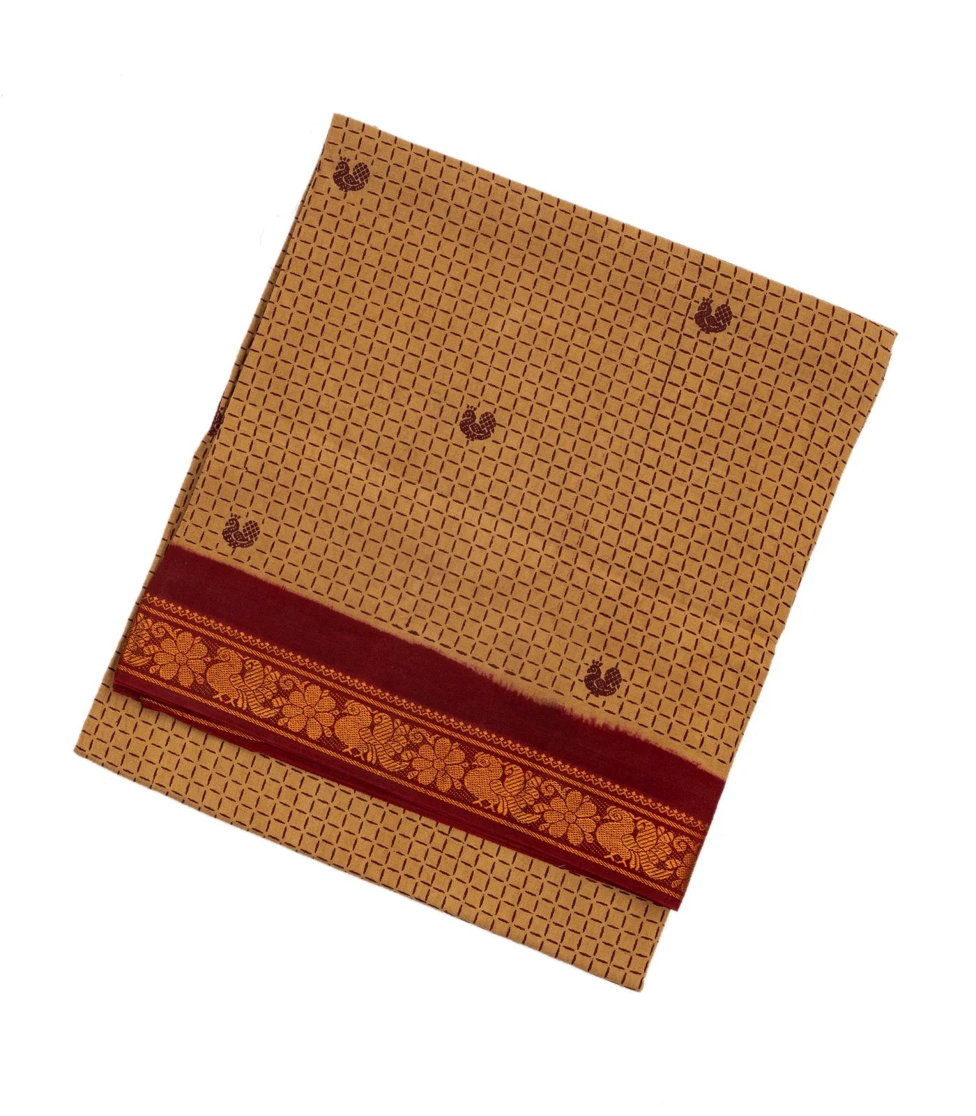 Beige Sungudi Cotton Saree With Checks & Annam Motifs