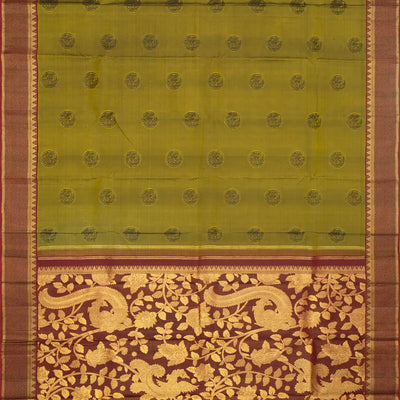 Bonsai Green Handloom Kanchipuram Silk Saree With Kalamkari Motifs Pallu