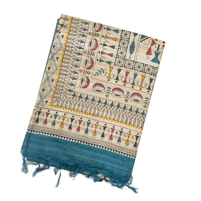 Indigo Handloom Tussar Silk Saree With Printed Tribal Motifs