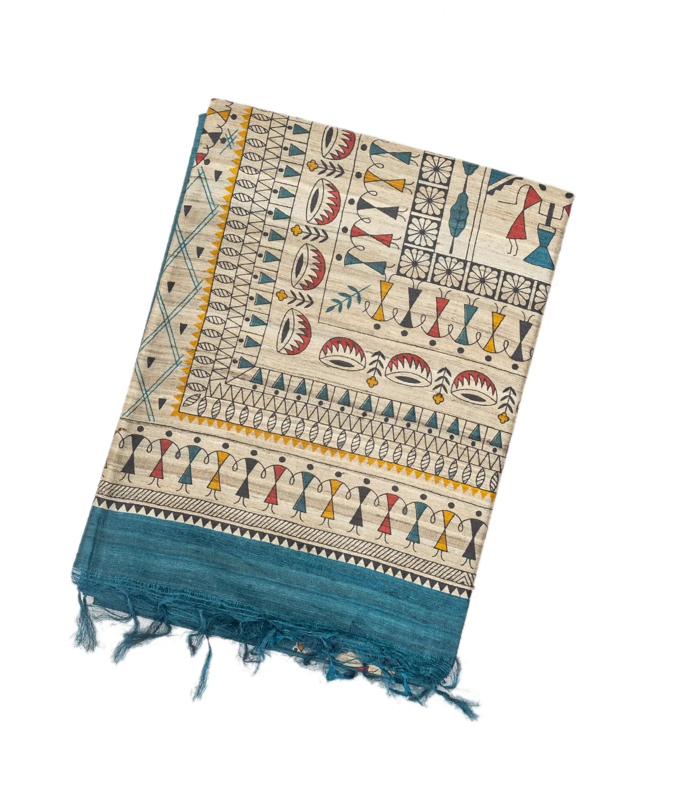 Indigo Handloom Tussar Silk Saree With Printed Tribal Motifs