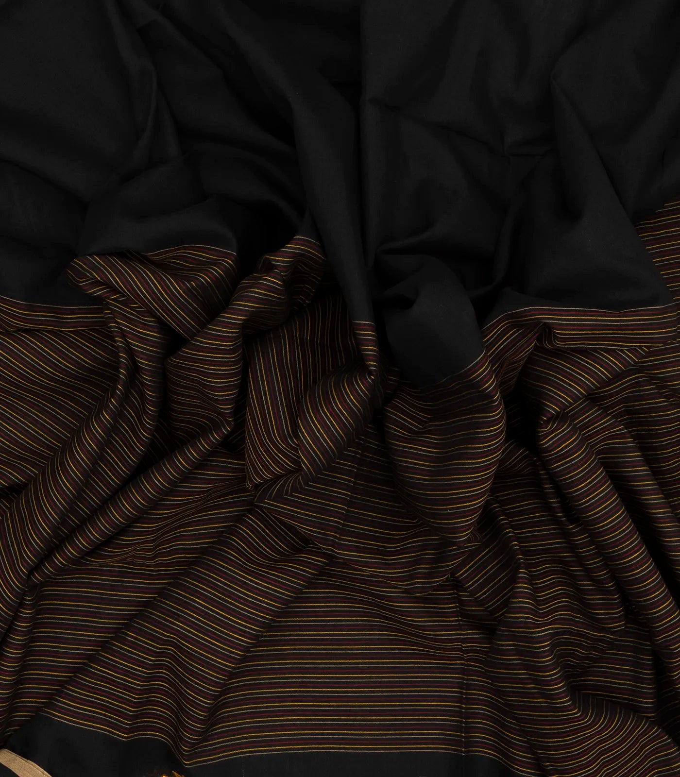 Black Handloom Bengal Cotton Saree With Stripes & Buttas in Border