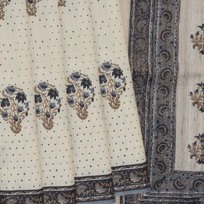 Off White Printed Tussar Silk Saree With Floral Motifs-Off White