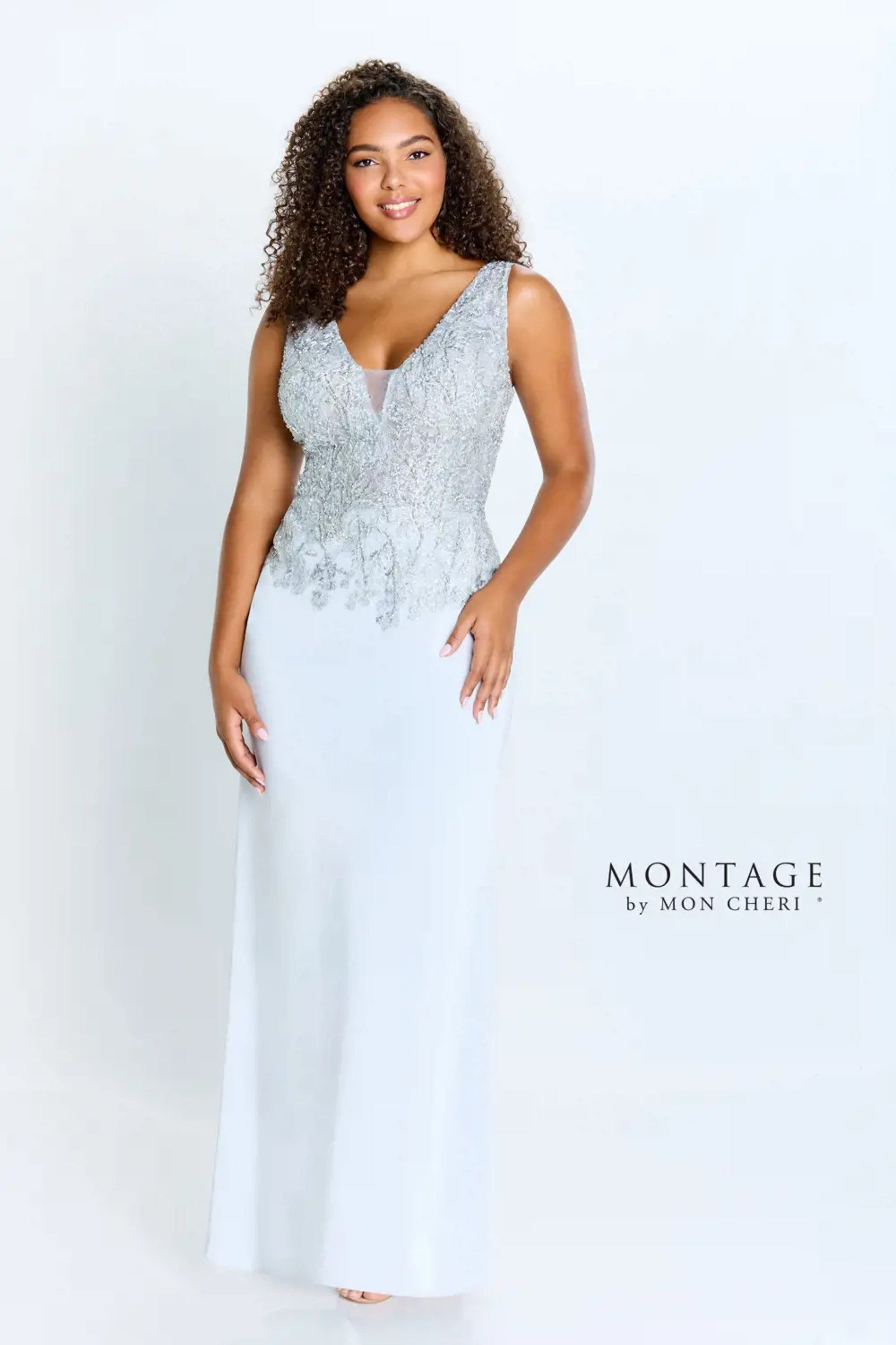 Montage M512 Beaded Long Fitted Formal Removable Sleeve Dress