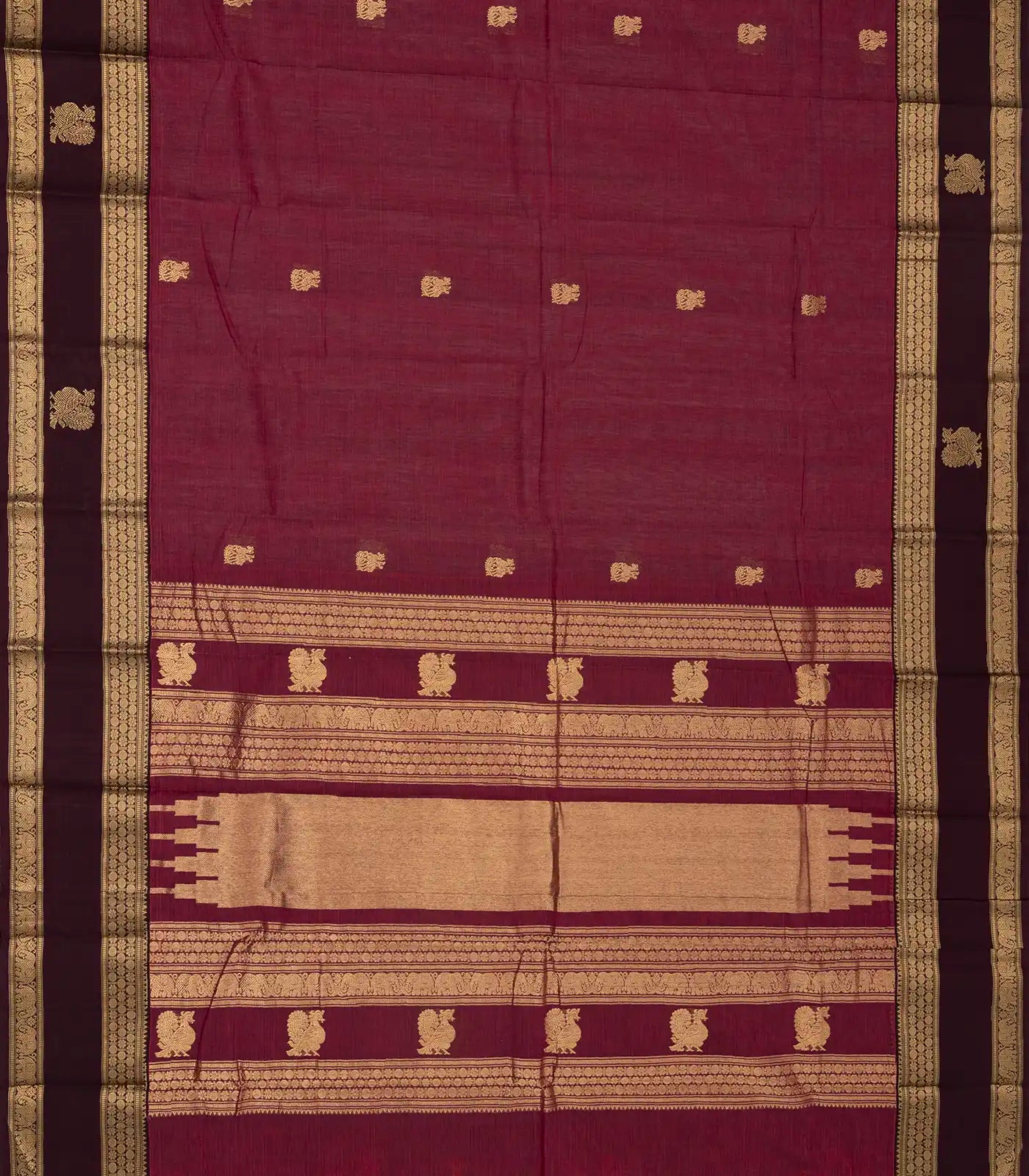 Burgundy Handloom Kanchi Cotton Saree With Horse Buttas