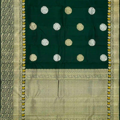 Bottle Green Handloom Kanchipuram Silk Saree With Elephant Motif Buttas