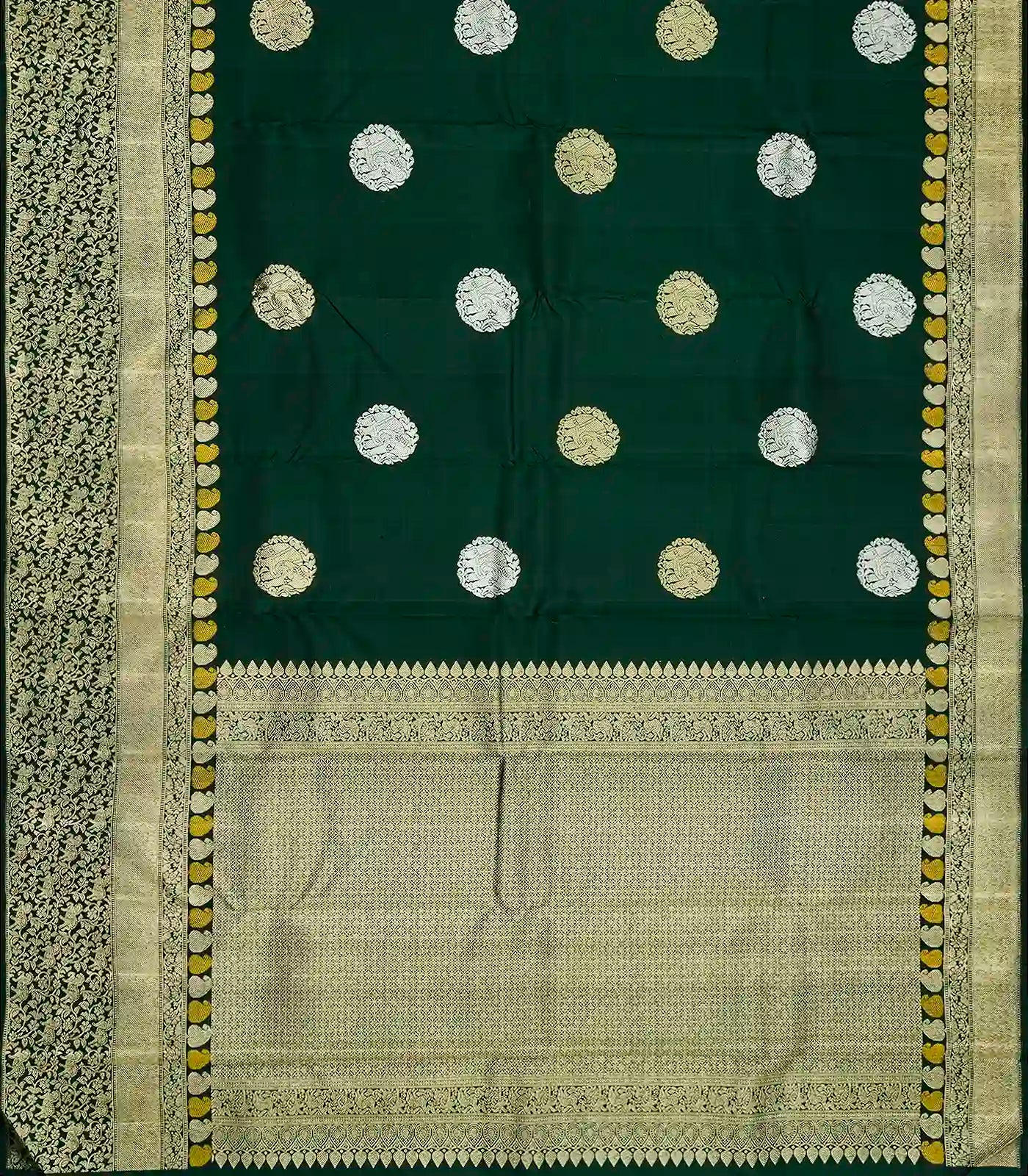 Bottle Green Handloom Kanchipuram Silk Saree With Elephant Motif Buttas