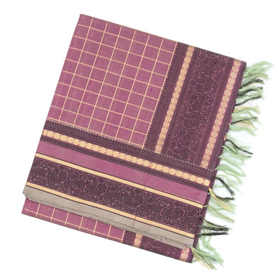Lilac Handloom Silk Cotton Saree With Zari Checks