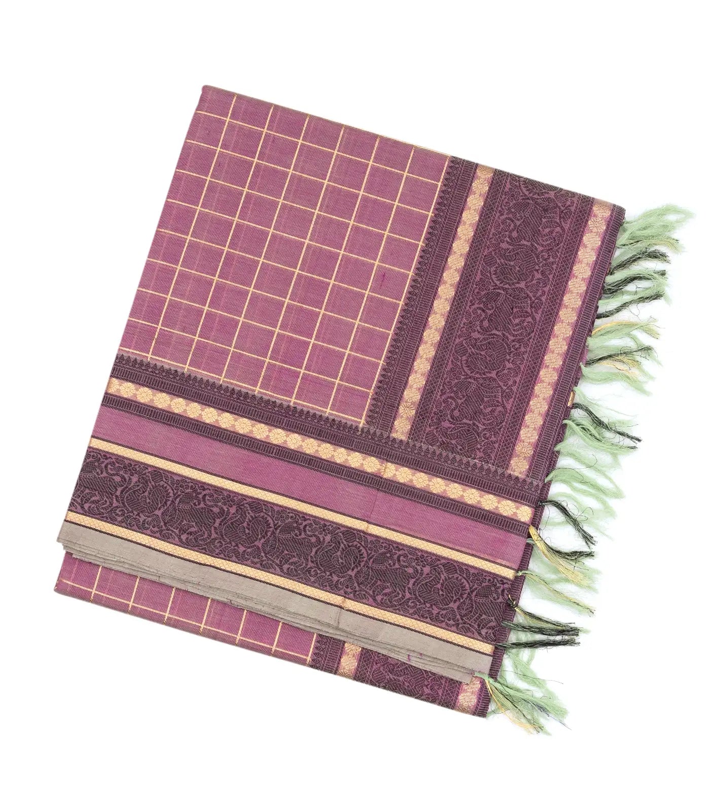 Lilac Handloom Silk Cotton Saree With Zari Checks