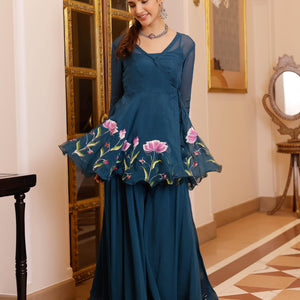 Kaasni Handpainted Organza Sharara Set