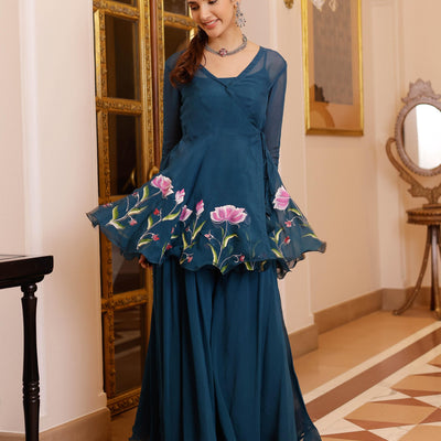 Kaasni Handpainted Organza Sharara Set