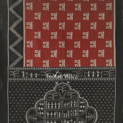 Maroon Laxmipada Theme With Tribal Anchal Odisha Ikat Sambalpuri Pure Cotton Saree