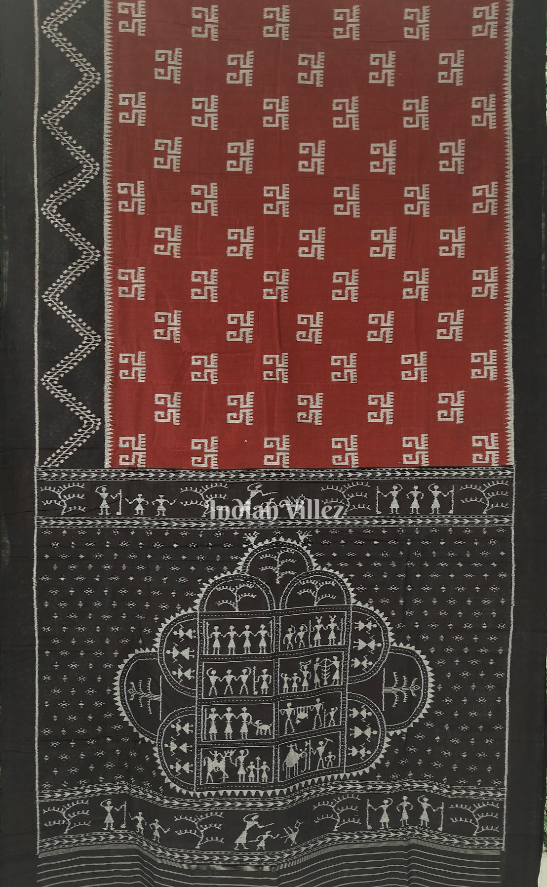 Maroon Laxmipada Theme With Tribal Anchal Odisha Ikat Sambalpuri Pure Cotton Saree