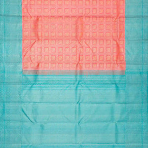 Peach Handloom Kanchipuram Korvai Silk Saree With Turquoise Border