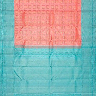 Peach Handloom Kanchipuram Korvai Silk Saree With Turquoise Border