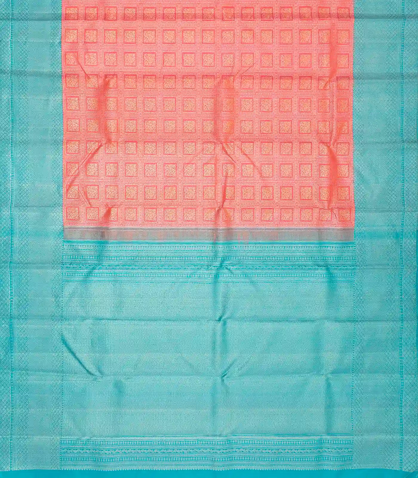 Peach Handloom Kanchipuram Korvai Silk Saree With Turquoise Border