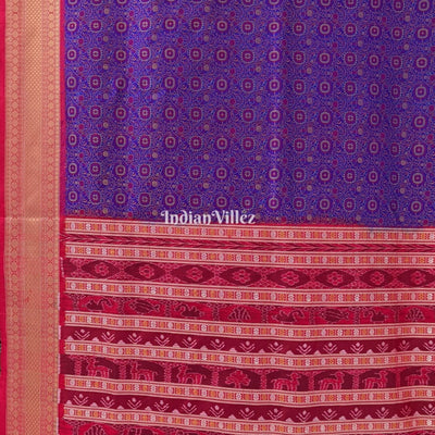 Blue Red Flower Design Bomkai Sambalpuri Ikat Silk Saree