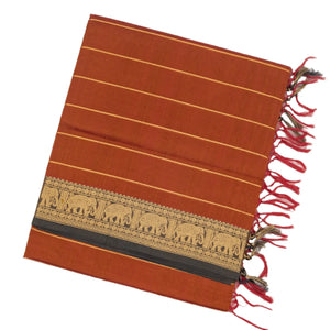 Rust Handloom Silk Cotton Saree With Zari Stripes