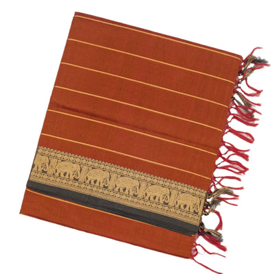 Rust Handloom Silk Cotton Saree With Zari Stripes