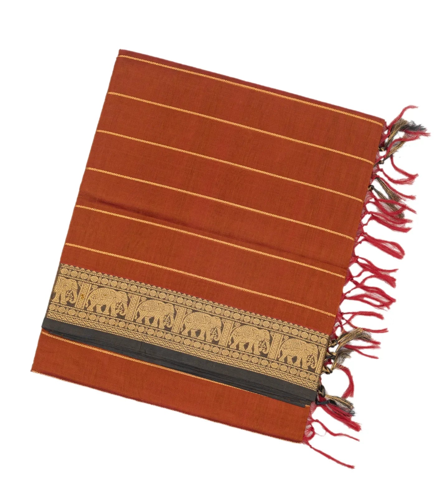 Rust Handloom Silk Cotton Saree With Zari Stripes
