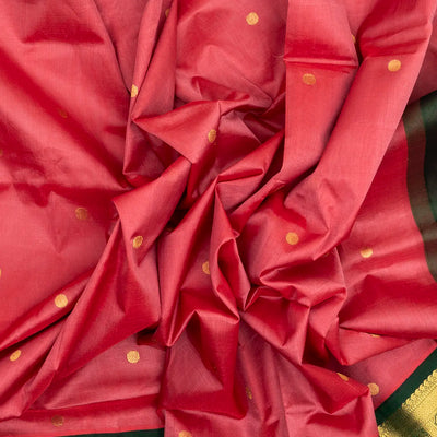 Peach Handloom Korvai Silk Cotton Saree With Rudraksham Buttas