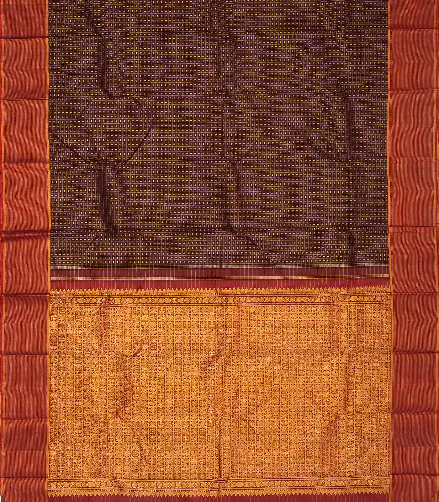 Maroon Handloom Kanchipuram Silk Saree With Checks & Diamond Motifs