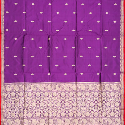 Purple Handloom Banarasi Silk Saree With Floral Buttas & Red Border