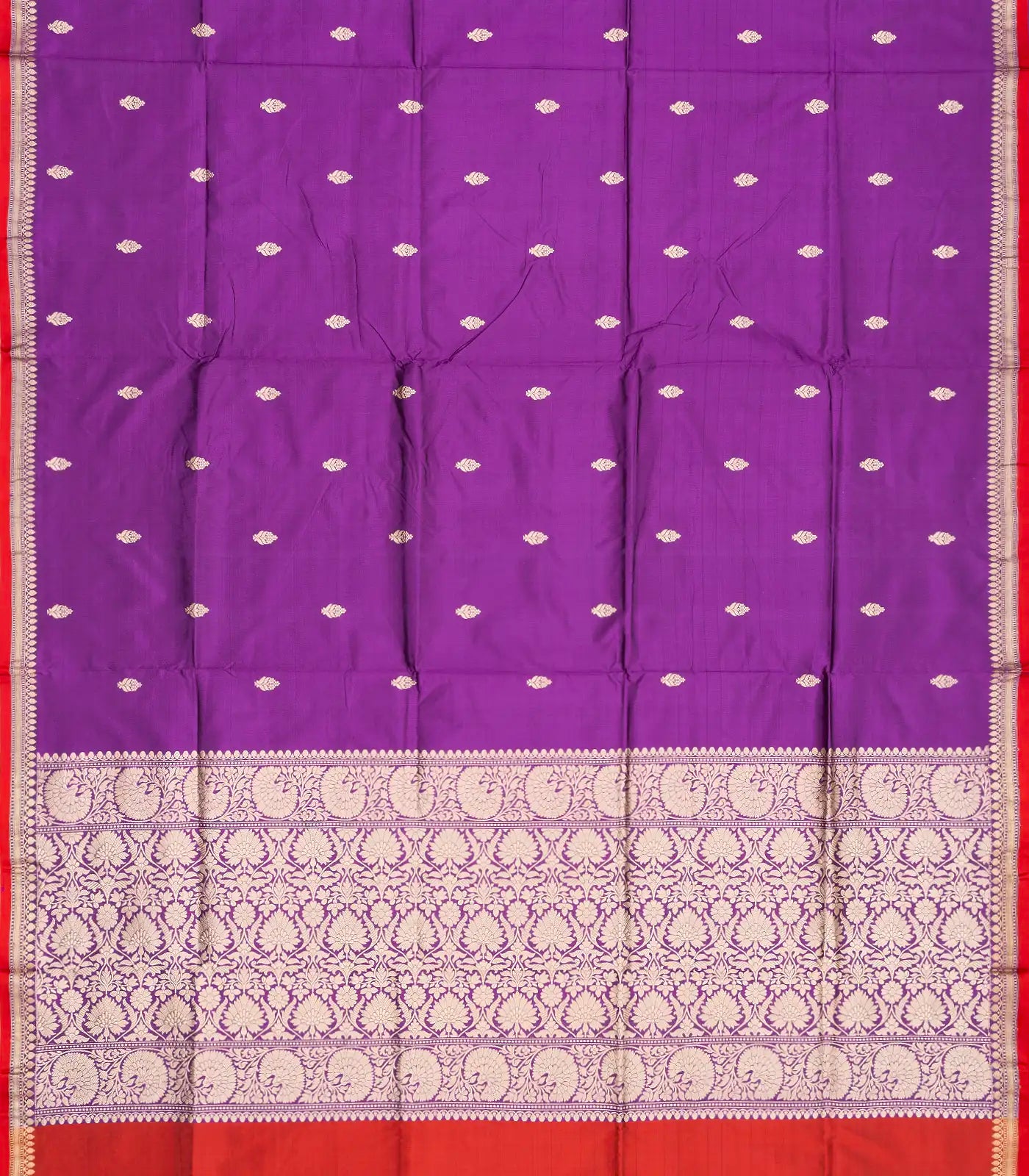 Purple Handloom Banarasi Silk Saree With Floral Buttas & Red Border