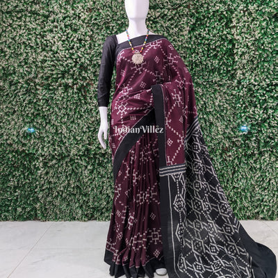 Dark Maroon with Black Pasapali inspired Contemporary Odisha Ikat Silk Saree