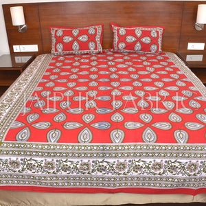 Red Color Jaipuri Paan Patti Print Double Bed Sheet