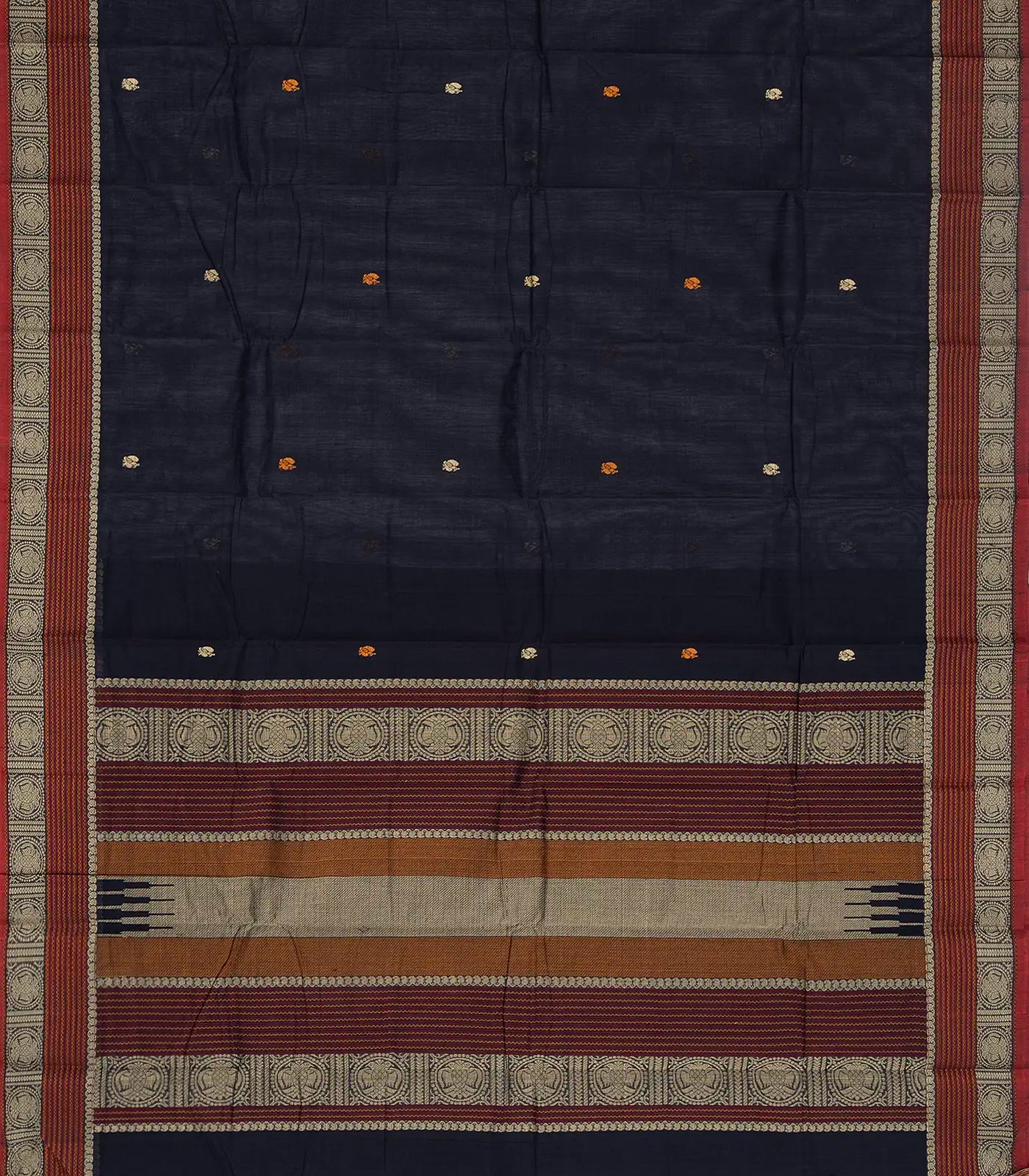 Midnight Blue Handloom Kanchi Cotton Saree With Annam Buttas